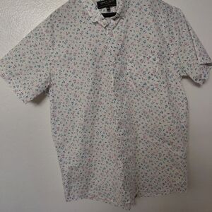 Men's Casual Short-Sleeve Button-Down Shirt - White with Pink & Blue Print